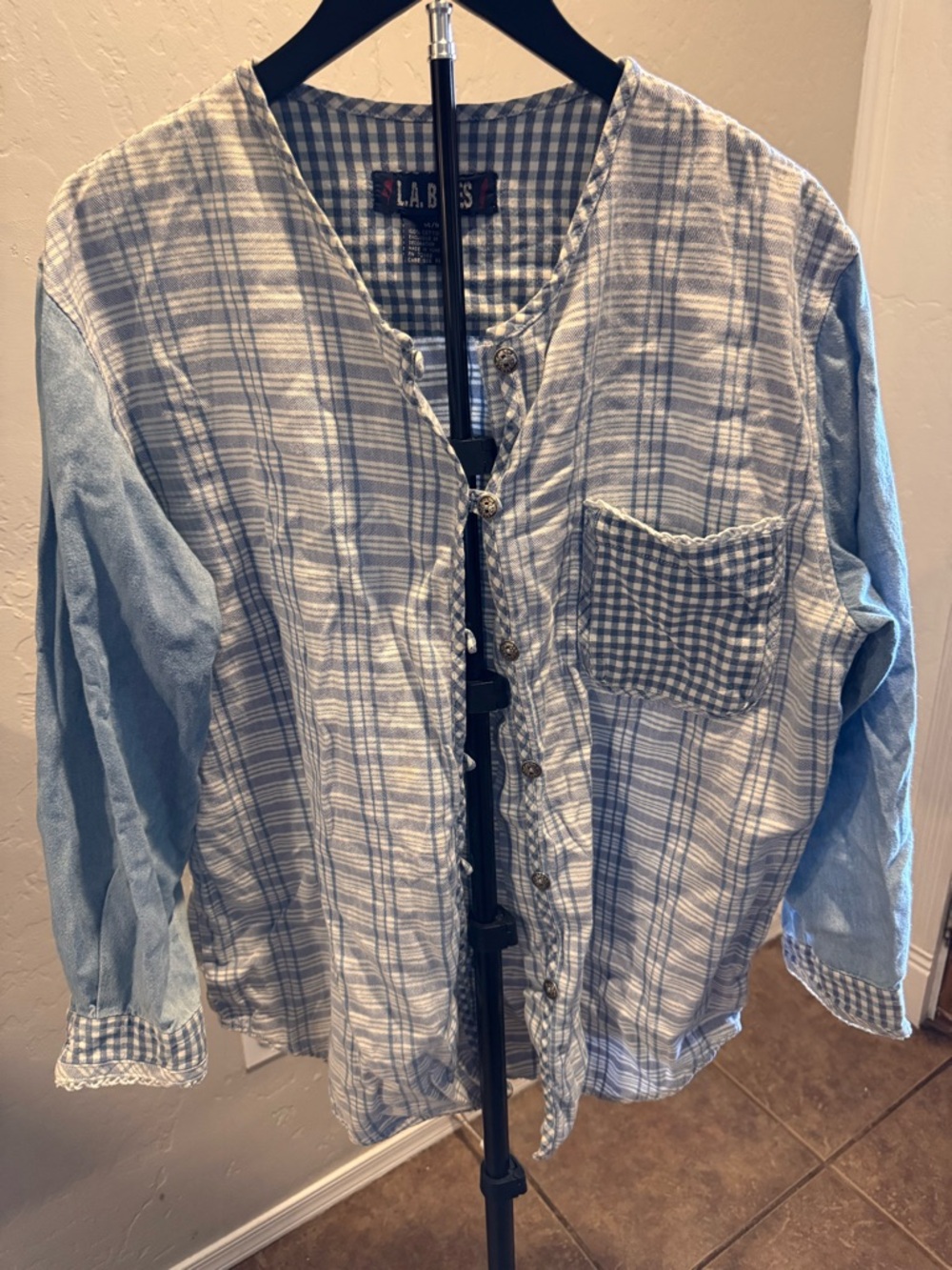 L.A. Blues Blue and White Plaid Button-Up Shirt Lace Detail